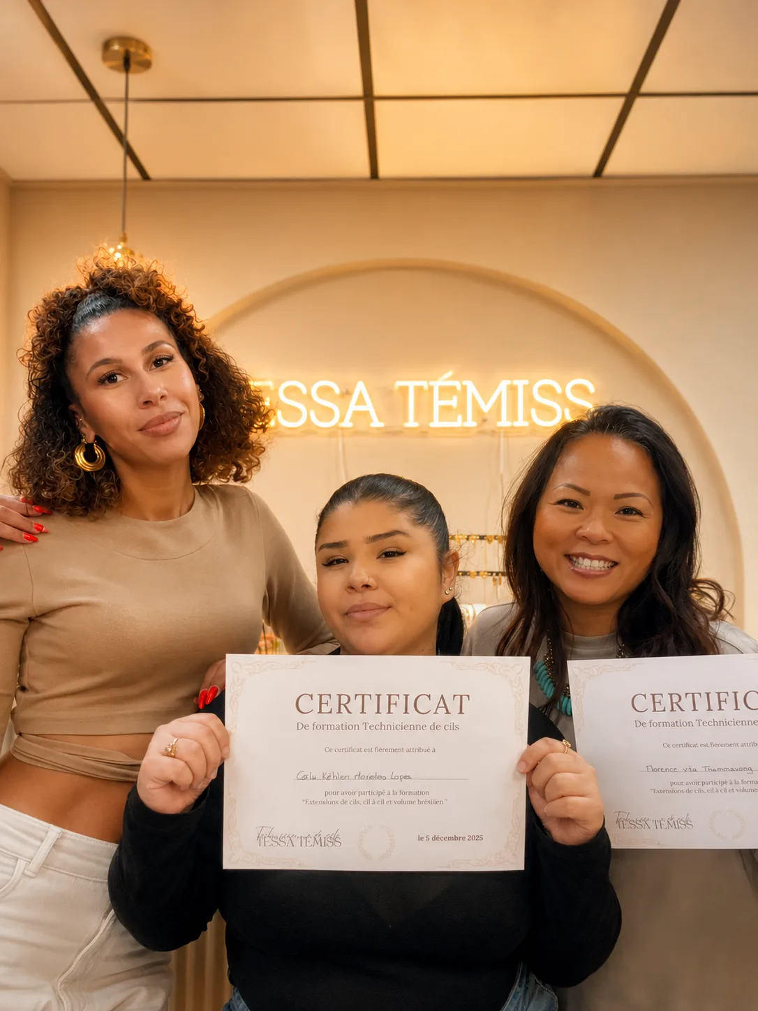 Tessa Témiss avec ses élèves certifiées en formation extensions de cils